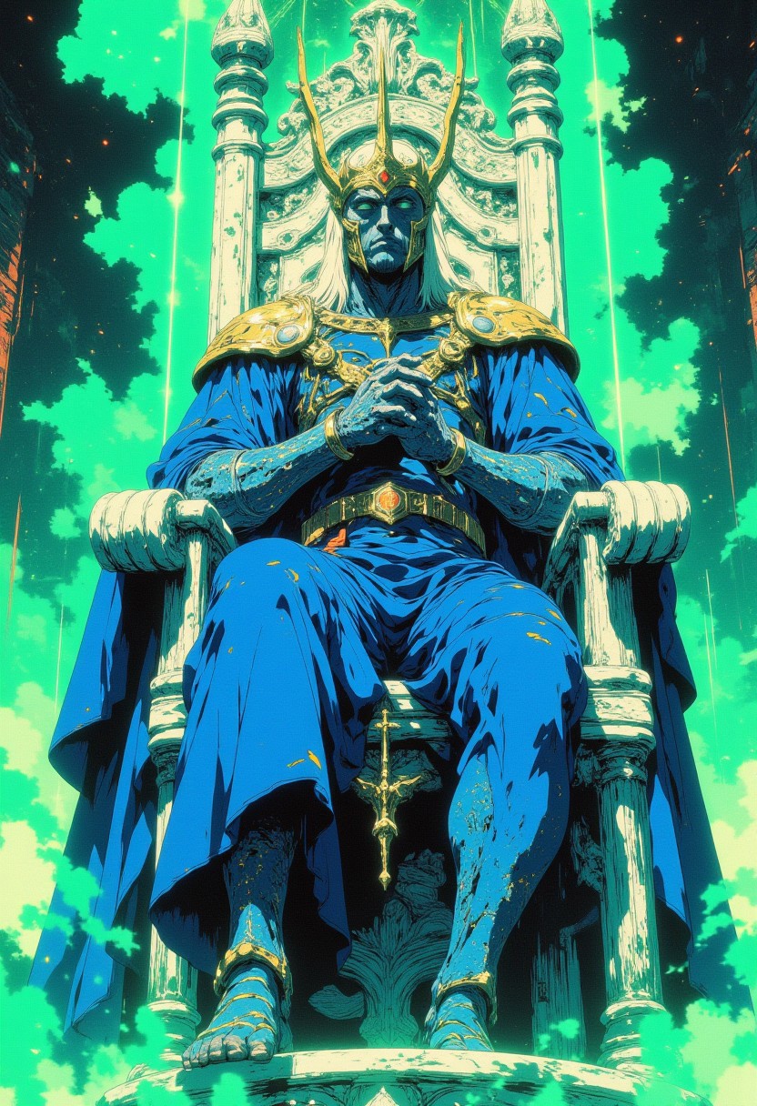 Lou and behold the lord in all his splendor. Upon his ivory throne. Baby blue and navy blue colors, soft blues,mixed with a hint of pastel green, anime, cyberpunk, ne0nfant4sy, Anime style,CAICO