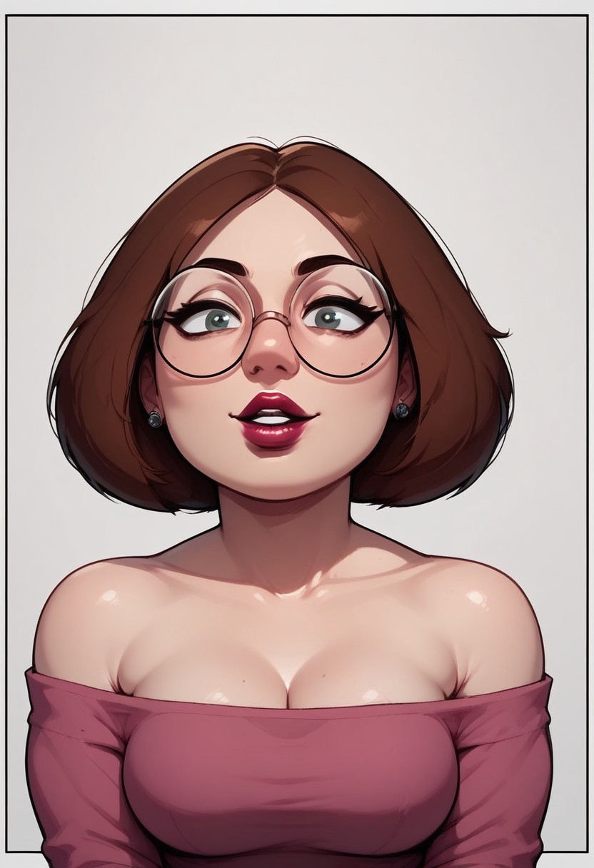 score_9, score_8_up, solo, Meg Griffin, brown hair, Black circle glasses, lipstick, nail polish,
