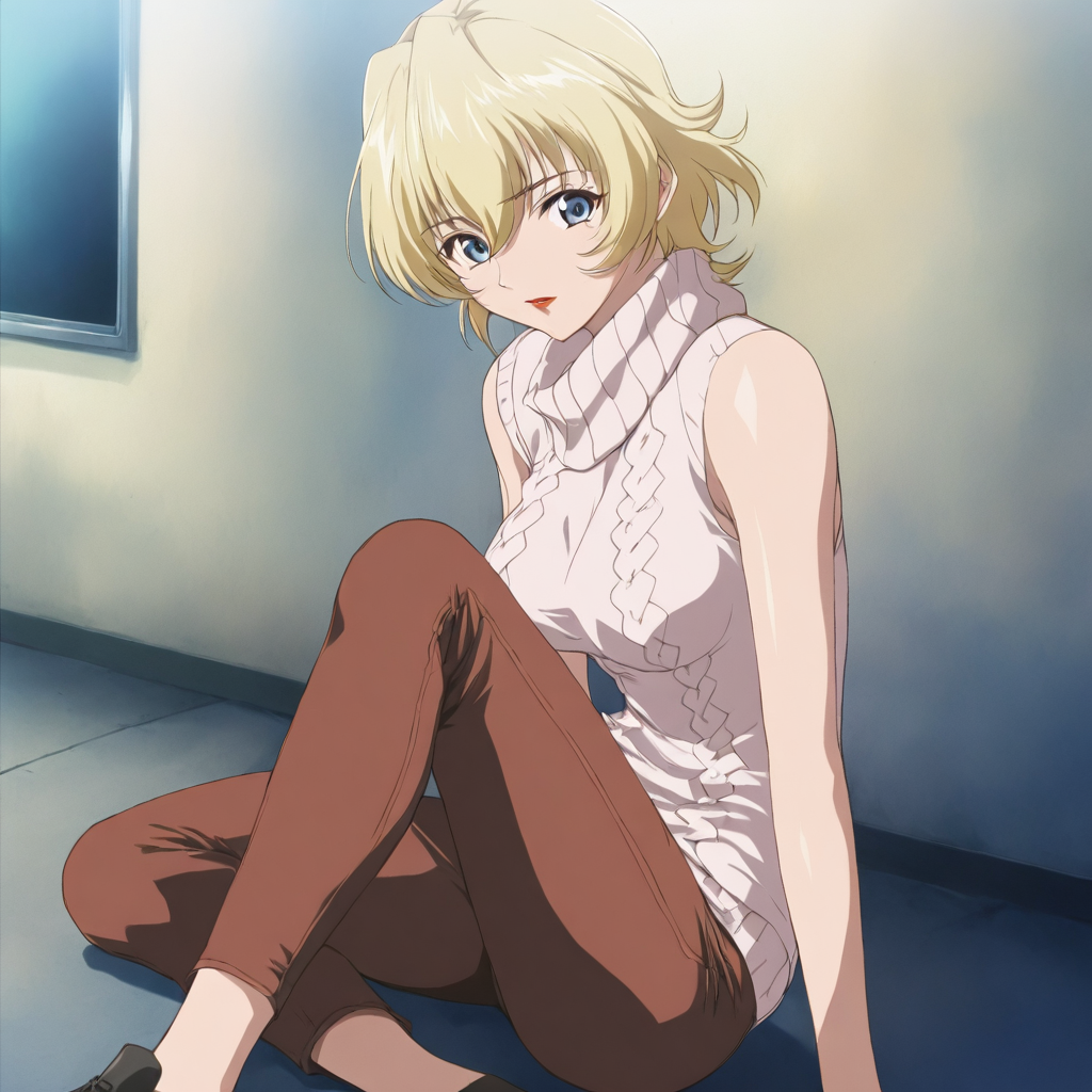 masterpiece,1girl,solo,looking at viewer,turtleneck,sleeveless,sweater,pants,<lora:Youuka_Konishi ag4o v1:1> youuka_konishi, blonde hair, short hair, blue eyes, lipstick,