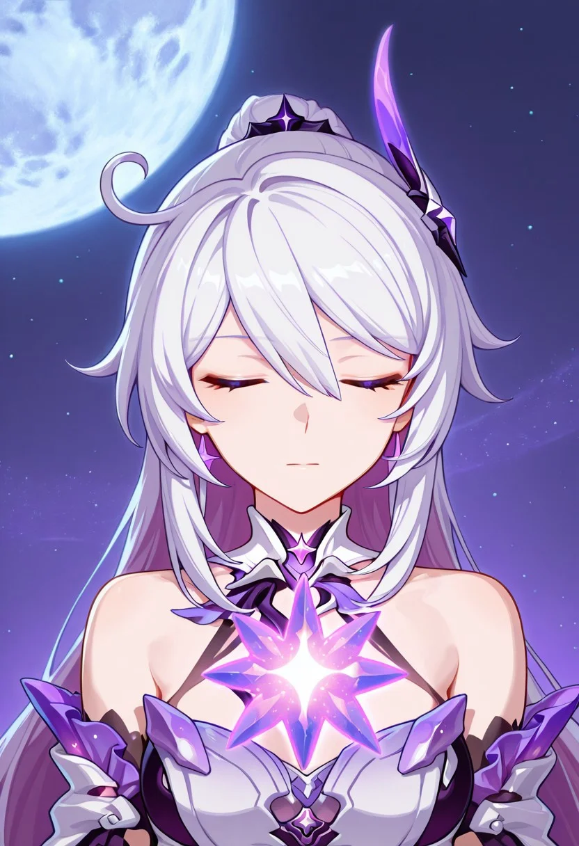 1girl, kiana kaslana, honkai impact 3rd, herrscher of finality, moon shining behind, holding a glowing purple star