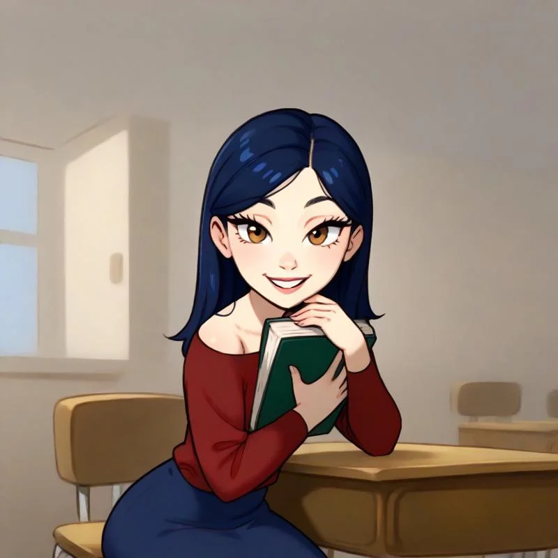 LesDnkl_TP, 1 girl, solo, blue hair, shoulder length hair, long eyelashes, red long sleeve shirt, blue skirt, red shoes, holding book in arms, looking at viewer, sitting on desk, seductive, teasing, flirting, smiling,