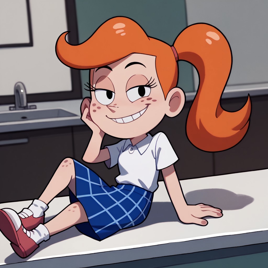 score_9, score_8_up, score_7_up BREAK MindyGrim, 1girl, orange hair, ponytail, black eyes, freckles, short-sleeve white polo shirt, blue plaid skirt, pink mary jane shoes, smiling at viewer,