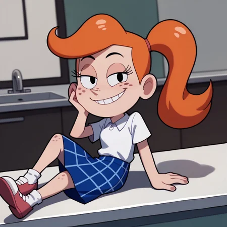 score_9, score_8_up, score_7_up BREAK MindyGrim, 1girl, orange hair, ponytail, black eyes, freckles, short-sleeve white polo shirt, blue plaid skirt, pink mary jane shoes, smiling at viewer,