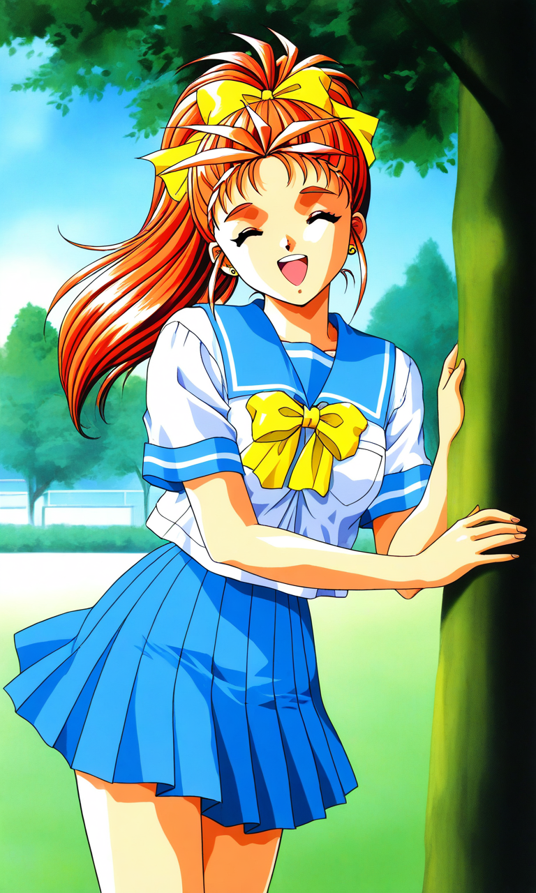 general,highres, ultra-detailed,very aesthetic,best quality ,best hands, BREAK <lora:Saotome_Yumi_Tokimeki_Memorial_IS:1>
Saotome_Yumi(Tokimeki_Memorial), 1girl, solo, closed eyes, orange hair, hair bow, high ponytail,  long hair, small breasts,
open mouth, happy,
blue school uniform, serafuku, jewelry, yellow bow, Yellow bow, blue skirt, blue sailor collar, white shirt, pleated skirt, short sleeves, outdoor, tree, sky,