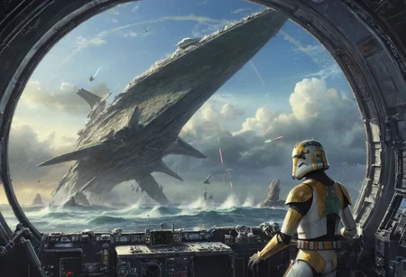 a (solo:1.5) black white lizard with (star wars armor:1.5) sword on belt (cockpit instruments view:1.5) inside star-wars style spaceship over (ocean:0.5) (waves:0.5), in the middle of sea, with (apocalyptic:1.5) stars comets meteors burning planet,
dawn, heavy rain, wind, windy, typhoon, hurricane, tropical storm, fog, mountain, sky, cloud, deluge, rainforest,
(anime:1.5) , anime screencap in mnst artstyle, full body character portrait landscape