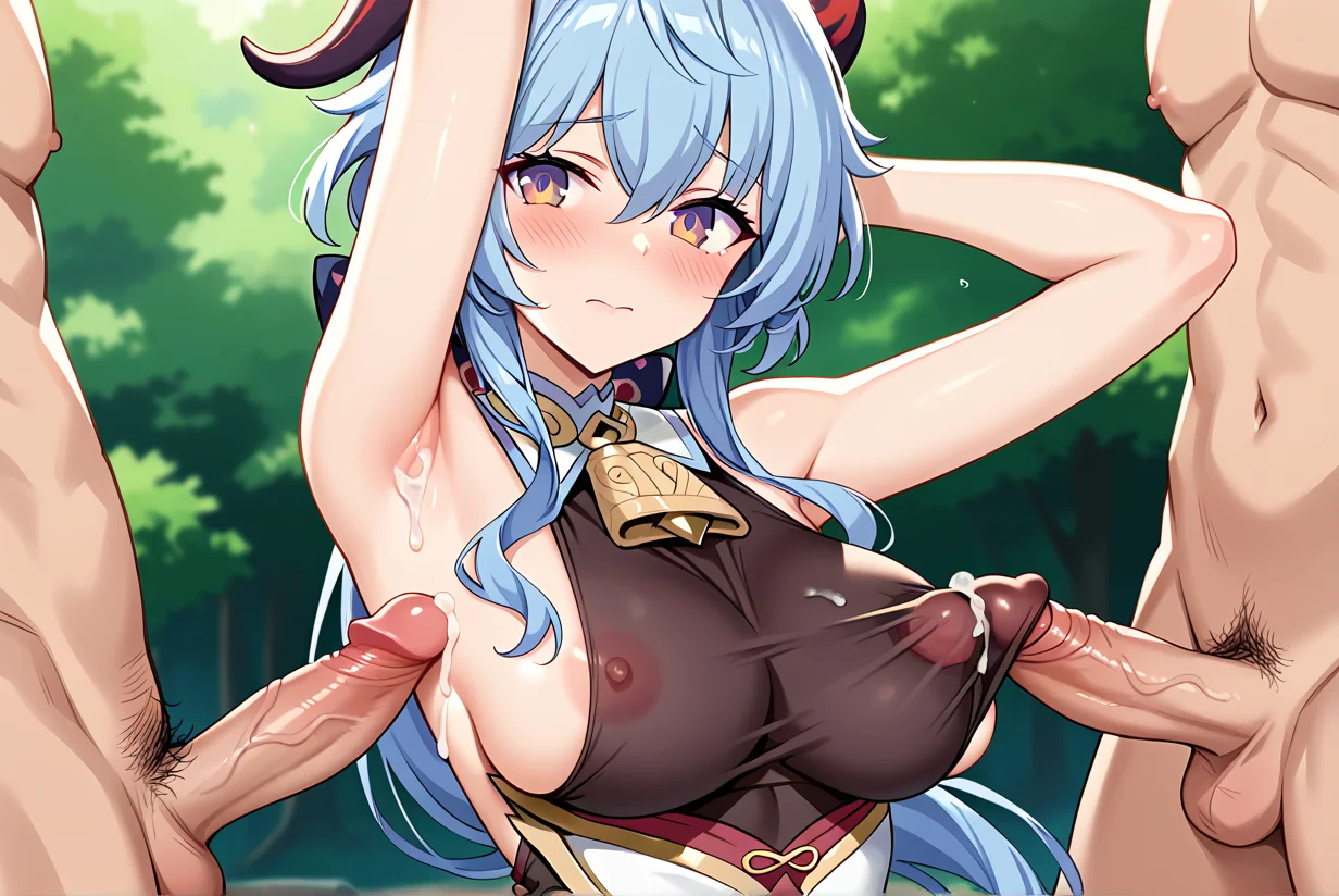 score_9, score_8_up, score_7_up, best quality, masterpiece, source_anime, anime screenshot, BREAK, penis under clothes, penis under sideboob, upper body, ganyu, sideboob, armpits, arm up cum ,cum in clothes 1girl, 2boys, , penis, solo focus, titjob, <lora:penis_under_clothesv2:1>blush, embarrassed, cum