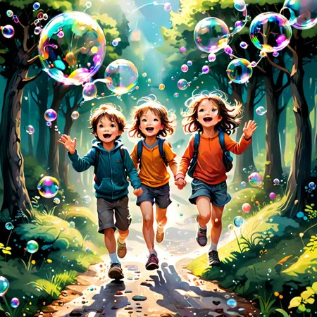 Vibrant and dynamic illustrations and vectors, bursting with color and life, offer viewers a visual feast for the eyes. A playful scene of 2 children chasing after a trail of shimmering soap bubbles, each one a unique and mesmerizing creation. Show faces. These high-quality images are a celebration of creativity and artistry, showcasing the talent and skill of the artist behind them.