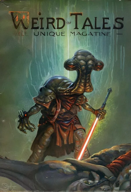 (Weird Tales pulp magazine cover of an ithorian hammerhead alien), dynamic, moody, darkness, shadows, dark, sinister, pitch black, highly detailed, shining white armor, holding long brilliant glowing light saber, digital painting, artstation, concept art, smooth, sharp focus, illustration, art by Carne Griffiths and Wadim Kashin, dark black colors, good shadows, dim lit, devoid of color, low light, back light, hidden, obscured, black hue in hair, mirrors, prisms, reflection, refraction, prismatic, monolith, obsidian, bright red god rays, sun circle