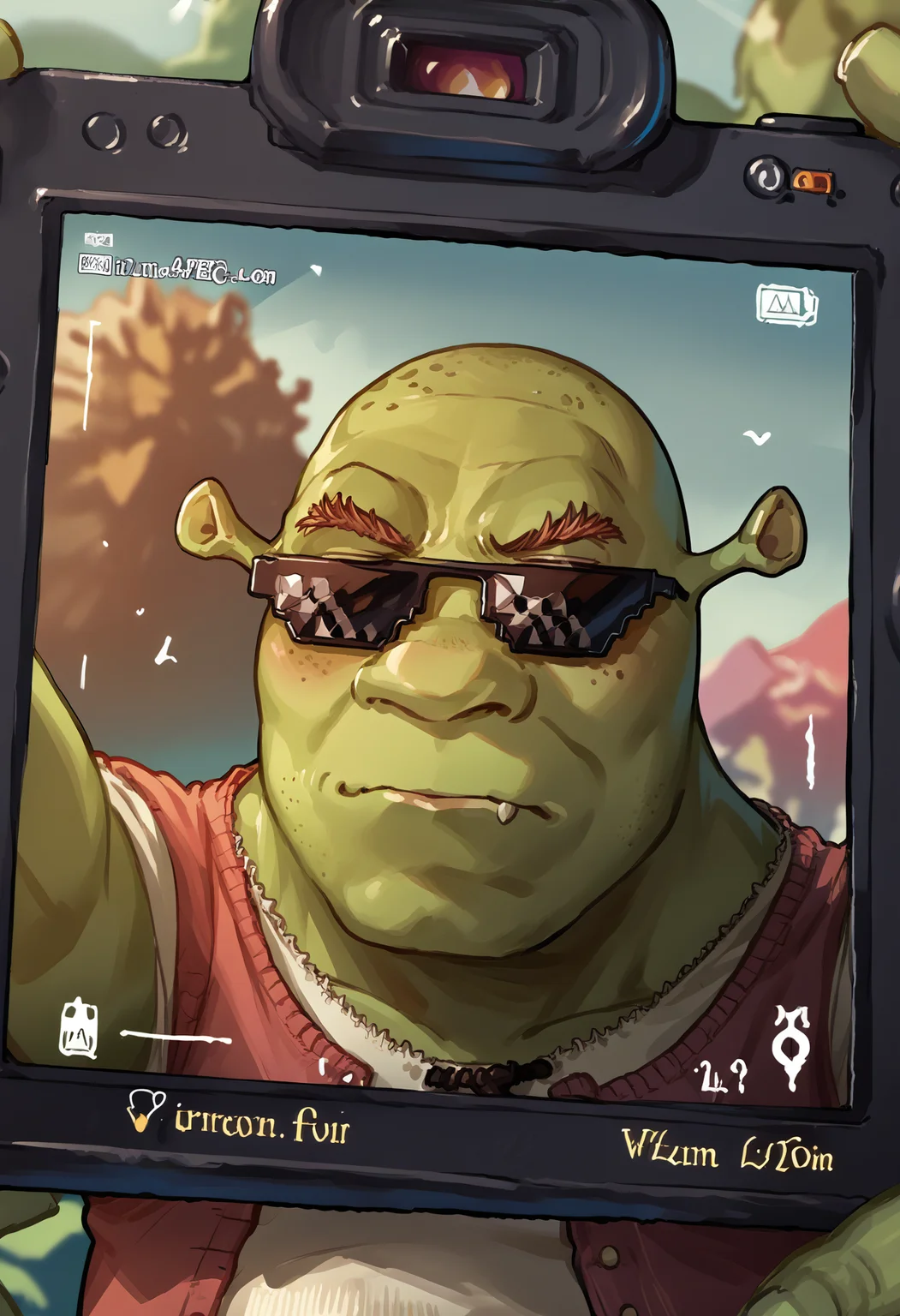 score_9, score_8_up, score_7_up, source_anime, 1boy, IncrsViewFinder, viewfinder, <lora:ViewfinderCamera_XLPD:1.15>, <lora:Shrek_XLPD:1> shrek, green skin, <lora:DealWithIt_XLPD:1.15>, incrsxldealwithit, sunglasses,