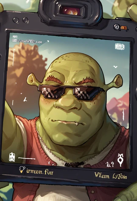 score_9, score_8_up, score_7_up, source_anime, 1boy, IncrsViewFinder, viewfinder, <lora:ViewfinderCamera_XLPD:1.15>, <lora:Shrek_XLPD:1> shrek, green skin, <lora:DealWithIt_XLPD:1.15>, incrsxldealwithit, sunglasses,