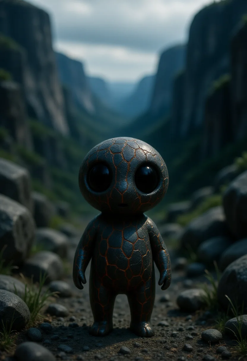 A small Kodama forest spirit stands among jagged stones at the base of a windswept cliff. Its body is compact and slightly rounded, made entirely of dark gray rock with a network of deep crackles across its surface, revealing glowing orange veins beneath, as if the stone holds residual heat. The texture is rough and uneven, with fragments flaking slightly at the edges. Its head blends seamlessly with the body, and its large, round black eyes sit recessed within the cracked stone, motionless and watchful. The background features steep rock walls, loose gravel, and scattered boulders, with tufts of dry grass clinging to the crevices. Distant clouds hang low over the horizon, casting a muted, overcast light. <lora:Kodama_V1:1>