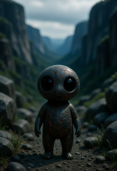 A small Kodama forest spirit stands among jagged stones at the base of a windswept cliff. Its body is compact and slightly rounded, made entirely of dark gray rock with a network of deep crackles across its surface, revealing glowing orange veins beneath, as if the stone holds residual heat. The texture is rough and uneven, with fragments flaking slightly at the edges. Its head blends seamlessly with the body, and its large, round black eyes sit recessed within the cracked stone, motionless and watchful. The background features steep rock walls, loose gravel, and scattered boulders, with tufts of dry grass clinging to the crevices. Distant clouds hang low over the horizon, casting a muted, overcast light. <lora:Kodama_V1:1>
