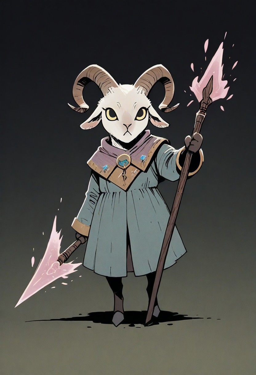 (masterpiece, best quality, high quality, highres), very awa, highres, absurdres, intricate detailed, 
ROOT, solo, full body, close to viewer, (no humans:1.1), eyes, 
1girl, (goat:1.1), necromancer,
holding, magic spear,
posing, battle pose,