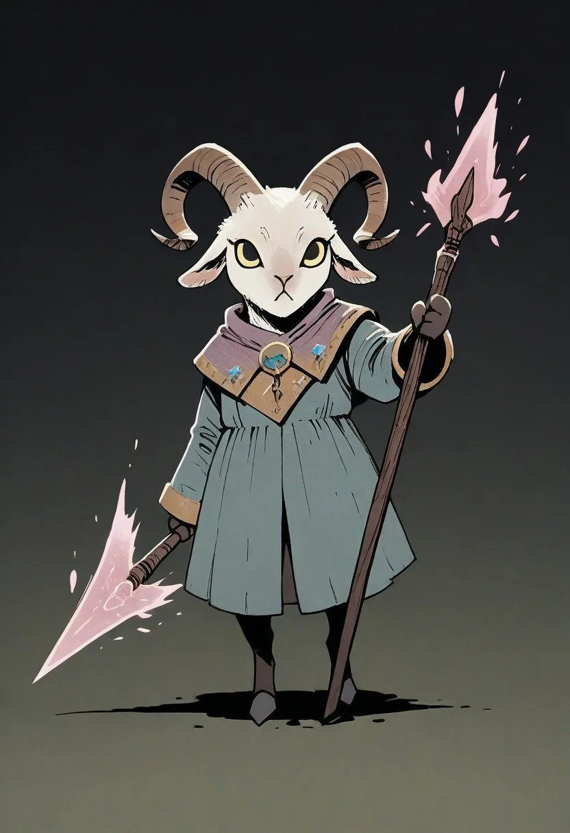 (masterpiece, best quality, high quality, highres), very awa, highres, absurdres, intricate detailed, 
ROOT, solo, full body, close to viewer, (no humans:1.1), eyes, 
1girl, (goat:1.1), necromancer,
holding, magic spear,
posing, battle pose,