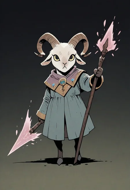 (masterpiece, best quality, high quality, highres), very awa, highres, absurdres, intricate detailed, 
ROOT, solo, full body, close to viewer, (no humans:1.1), eyes, 
1girl, (goat:1.1), necromancer,
holding, magic spear,
posing, battle pose,