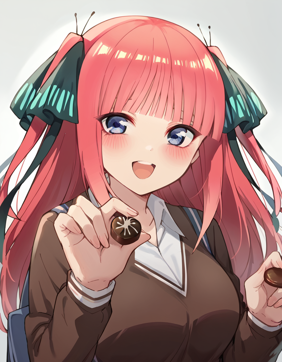 score_9, score_8_up, score_7_up, source_anime, <lora:nnakano-s2-ponyxl-lora-nochekaiser:1>, long hair, bangs, blue eyes, hair ornament, hair ribbon, pink hair, blunt bangs, two side up, butterfly hair ornament, large breasts,, <lora:incoming-chocolate-ponyxl-lora-nochekaiser:1> incoming food, chocolate, holding, holding chocolate, holding food, food, looking at viewer, open mouth, blush, smile, school uniform,, ,