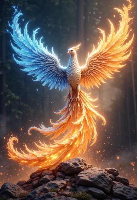 A phoenix made of fire and ice, swirling together as it takes flight from the ashes.
, pinketherealmj