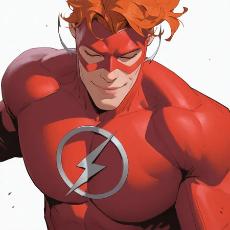 <lora:WALLY_WEST:1>wally_west, solo, smile, short hair, simple background, white background, 1boy, upper body, closed eyes, male focus, parted lips, orange hair, muscular, mask, bodysuit, muscular male, pectorals, facing viewer, superhero, red bodysuit, domino mask, two-tone bodysuit, red mask, western comics (style), looking at viewer, closed mouth, detailed background, motion blur, film grain, abstract, natural lighting, fantasy, cinematic, dynamic view, very awa, masterpiece, best quality, absurdres, newest, perfect quality, detailed background, intricate details, (artist:fl \(l-fl\):0.7), (artist:tooboshoo:0.7), (artist:dizdoodz:0.8)