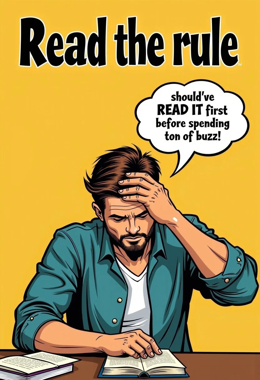 book_cover, title "Read the rule", a man facepalm himself in his own disappointment, speach bubble that says "should've READ IT first before spending ton of buzz",