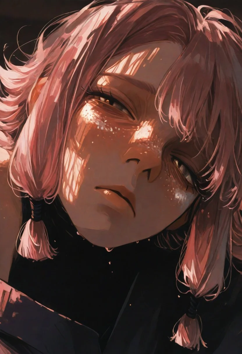 masterpiece,best quality,amazing quality,very aesthetic,newest,ultra detail, (score_9,score_8_up,score_7_up,score_6_up),hyper-detailed,ultra HD,cinematic lighting,(maeve:2.0),(looking at viewer:1.5),(pink hair:1.5,long braids:1.2),(deep emotional connection:1.4),(detailed facial features:1.4),(yellow eye:1.5,glowing eye:1.5,Cat pupil:2.0,Detailed eye),(white freckles,glowing freckles:2.0),small breasts,(bare shoulder:1.5),(Hanging breasts),(black kimono:1.5,kimono open,cleavage),(Tired expression:2.0),(dark circles under the eyes:1.0),(Sleeping face:1.5),(deeply distressed:1.5),reflective skin,shiny skin,wet skin,oiled skin,(wet clothes:1.5,wet kimono:1.5,skin-tight clothing),(squinting eye:1.5),tabi,Calf,plump lips,(Sitting:1.5),side locks,makeup,floral print,(extreme close-up of face:2.0),(three-quarter view),(head tilted back),(chin raised),(one eye covered by hair),(depth of field),(face focus:2.0),(soft blur in background),(asymmetrical bangs),(dramatic lighting), <lora:illustrious_all_rated_v1:0.5><lora:ppw_v7_noobE11_6_r2_0.05:0.6><lora:nhl-001:0.6> nhl-001,limited palette,realistic,BREAK
Japanese house, Moody lighting,<lora:wasabi_natsume_style_r1:0.8> wasabi_natsume_illu,abstract, surreal,<lora:748cm_illu:0.4> 7481llu