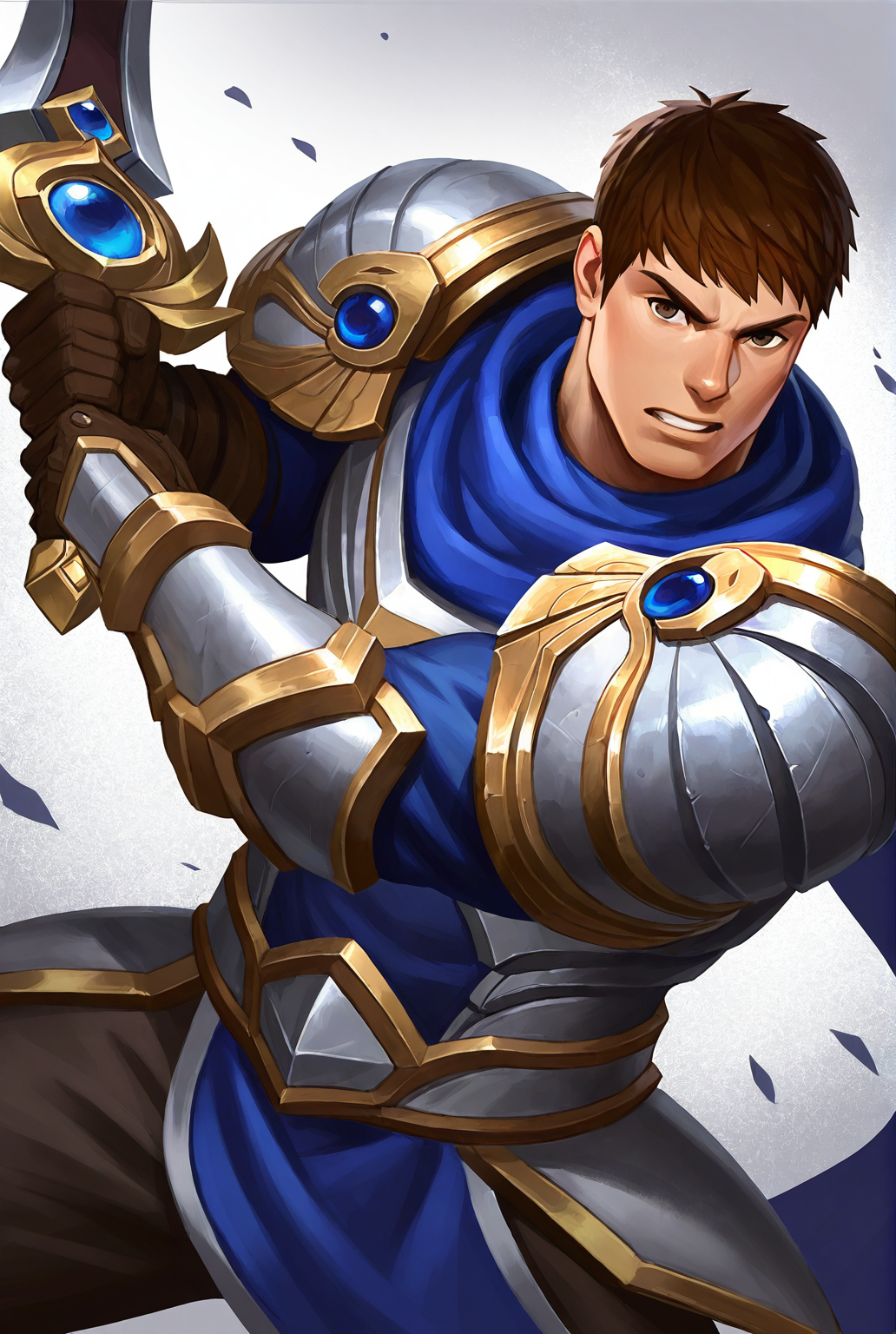 score_9,score_8_up,score_7_up,male focus,ultra-detailed,high resolution,digital painting,8k,1boy,solo,cowboy shot,male focus,detailed face,bara,armor,brown hair,shoulder armor,pauldrons,gloves,short hair,pants,muscular,holding weapon,sword, fighting stance,<lora:add-detail-xl:1>,<lora:Garen LOL:0.7>,garen lol,