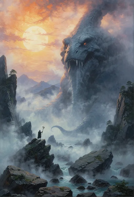 traditional fantasy painting of a colossal ghostly leviathan made of rough boulders seen in the far distance towering the mountainscape on a misty morning day at sunrise