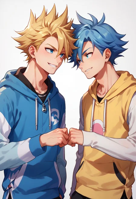 score_9, score_8_up, score_7_up, source_anime, highly detailed, 2boys,
multiple boys, 2boys, male focus, blonde blue eyes,
short over long sleeves, layered sleeves, blue hair, hood, smile,
looking at another, hoodie, upper body, spiked hair, eye contact,
fistbump,