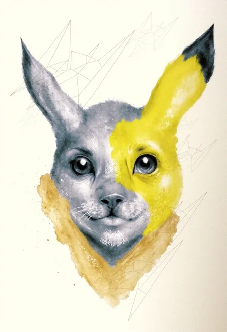 <lora:Acrobatic_Maneuvers_Style_FLUX-000015:0.9> <
This image is a digital drawing that combines elements of surrealism and modern art. The central figure is a stylized, three-dimensional representation of the face of Pikachu, with striking details rendered in various shades of grey and yellow.