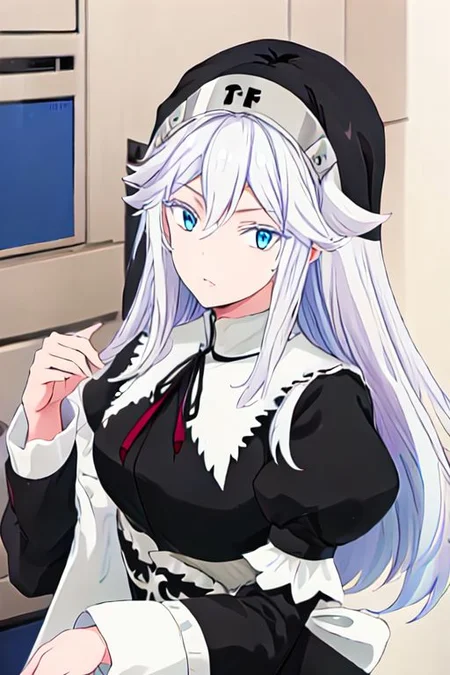 solo, 1girl, solo_focus,
sister ivry, long hair, bangs, blue eyes, hair between eyes, white hair,, maid, nun, habit, puffy sleeves, long sleeves, dress, black dress,