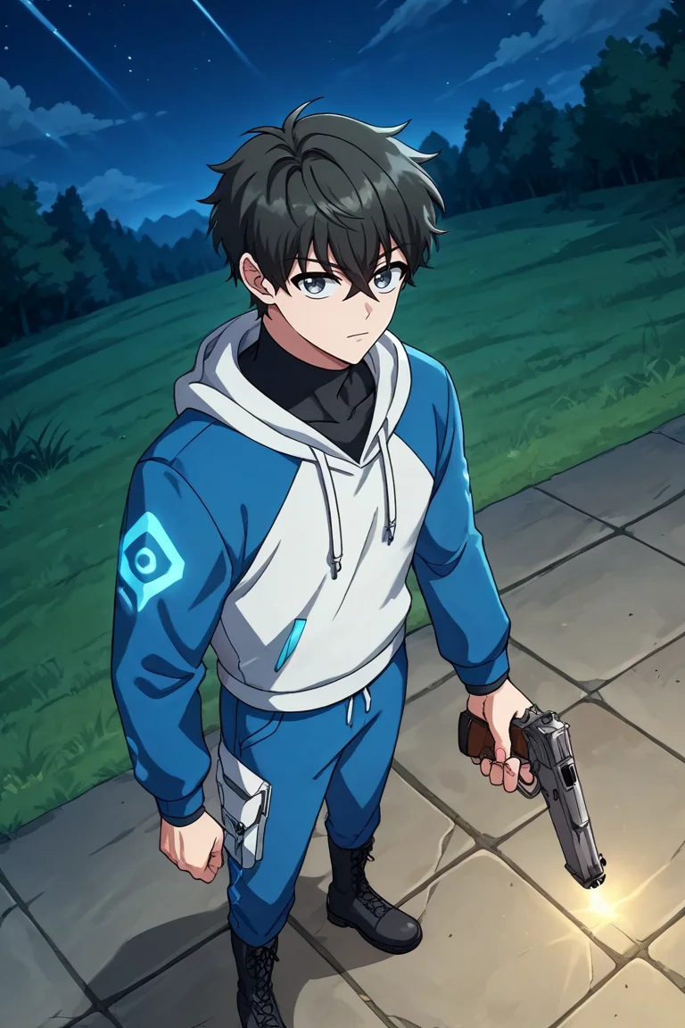 score_9, score_8_up, score_7_up,score_6_up,score_5_up,score_4_up,source_anime,BREAK, rating_safe, intricate details , , , anime screencap, anime coloring, official style, depth of field,1boy, solo, male focus , , , <lora:hajin:0.90>kim hajin, black hair,grey eyes, short hair,hair between eyes,looking at viewer,long sleeves, holding,turtleneck, standing, full body, weapon, boots, pants, hood, black footwear, holding weapon, gun, hoodie, hood down, handgun, blue pants,glowing, white hoodie,blue hoodie,outdoors,night,sky,from above , , , <lora:sdxl_lightning_8step_lora_315544:1>