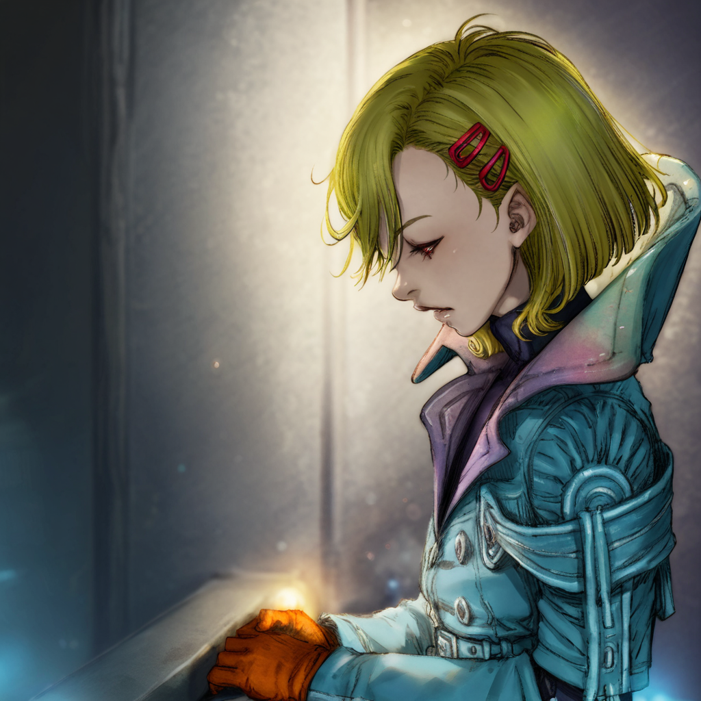 best quality, masterpiece, cinematic light, netsu, blonde hair, short hair, hair ornament, night,jacket, glove