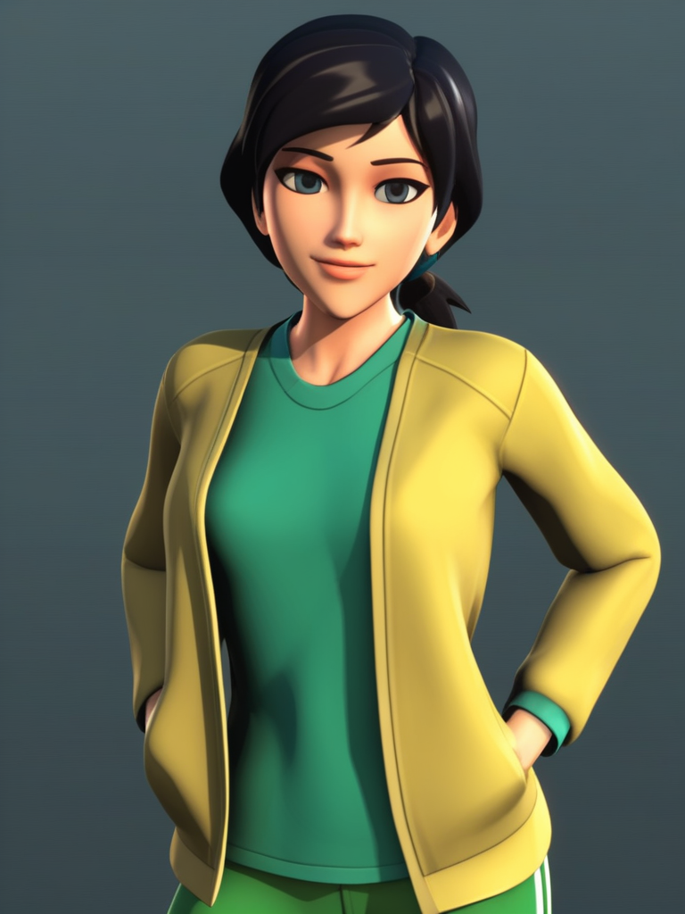 score_9, score_8_up, score_7_up, score_6_up, BREAK masterpiece, perfect face, perfect hands, high quality, source_cartoon, BREAK (1girl, solo,) <lora:June_Darby_-_Transformers_Prime:1> june, black hair, short hair, black eyes, low ponytail, (3D, cgi,)yellow open jacket, green shirt, green pants,
