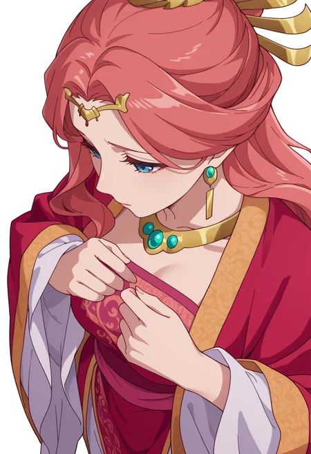 Smooth Quality,masterpiece,very intricate, high quality details, ultra realistic, high detailed skin,detailed enviorement,absurdres,
simple background, white background,solo,
from above,sad,dancing, 
<lora:Gyokuyou_CNR:0.8> gyokuyou_cnr, 1girl, red hair, pink hair, blue eyes, long hair,chinese clothes, dress, long sleeves, wide sleeves,earrings, necklace, jewelry
