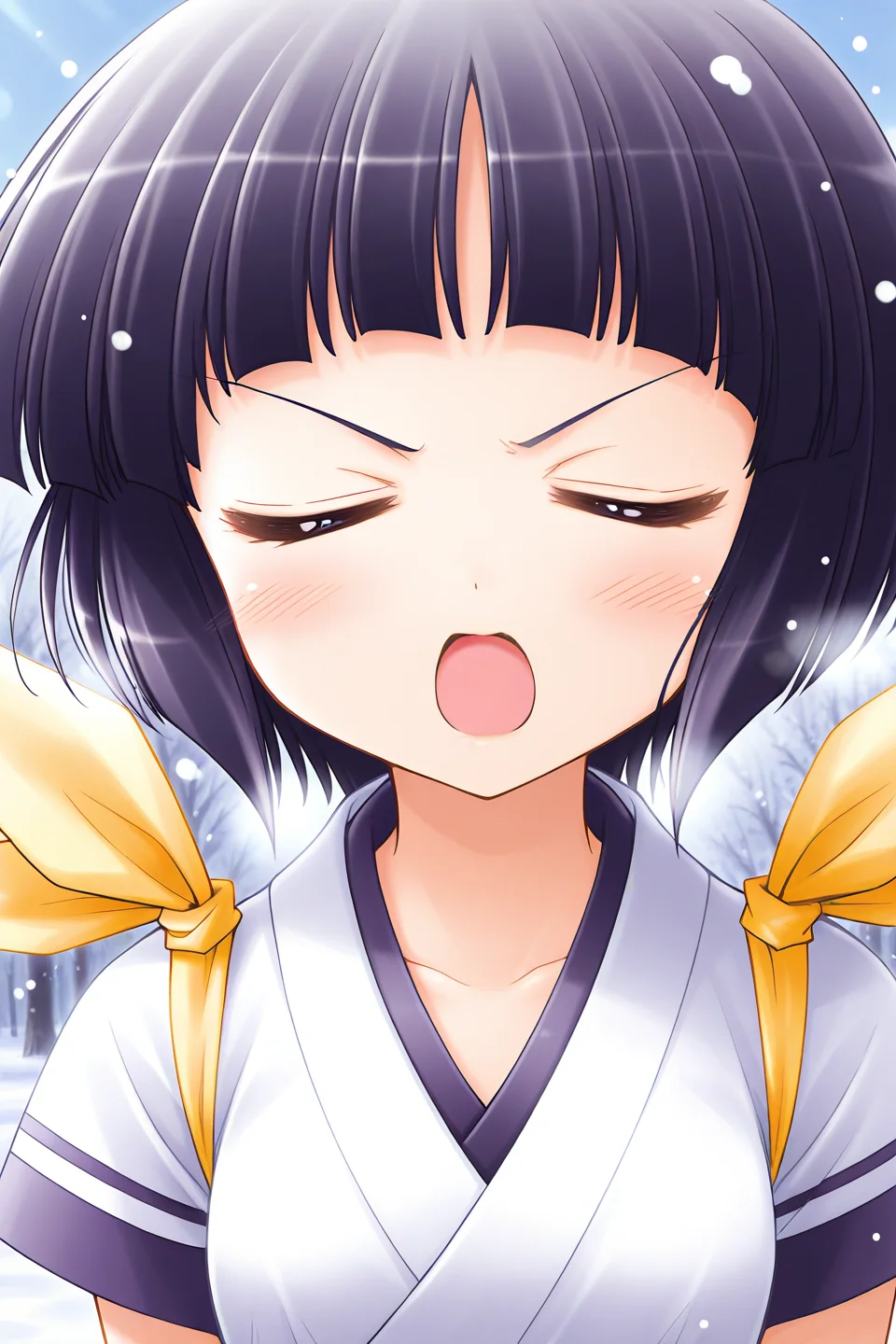 masterpiece, best quality, absurdres, official art, official style, general BREAK <lora:arisakashiina_IL_v1-2:0.7>, arisaka shiina, 1girl, solo, purple eyes, black hair, purple hair, short hair, bob cut, blunt bangs, flat chest, small breasts BREAK japanese clothes, white dress, short sleeves, shoulder ribbon, yellow ribbon, blue line, upper body, close-up, portrait, outdoors, snowing,
blush, = =, angry, closed eyes, open mouth, v-shaped eyebrows