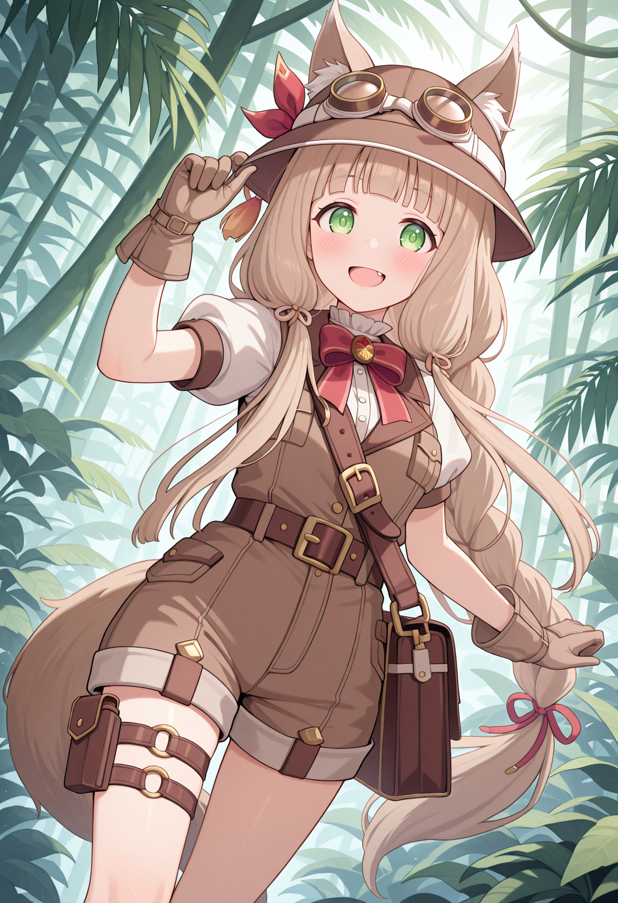 highres, best quality, masterpiece, jungle,
1girl, solo, pcrmaho, light brown hair, green eyes, animal ears, tail, fang, blunt bangs, tareme,
pcmhexpl, very long hair, braids, pith helmet, brown headwear, ears through headwear, goggles on headwear, puffy short sleeves, red bowtie, brown vest, belt, brown gloves, brown shorts, thigh holster, shoulder bag,
looking at viewer, blush, smile,
standing, open mouth, dutch angle,
<lora:_maho_pcr-elesico-rev3:1>