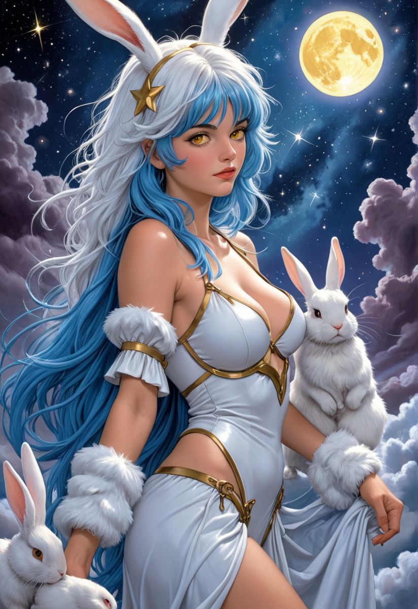 1girl, masterpiece, on side, night sky, crescent moon, rabbit ears, fluffy, dress, long hair, white hair, milky way, multicolored hair, blue hair, glowing hair, shooting star, yellow eyes, upper body, on side, looking at viewer, upper body, on cloud, parted lips, cleavage,  NSFW, High fantasy, bikini armor 3 characters, , DnD, Elmore, larry elmore, Jeff Easley oil painting, 80s fantasy art,