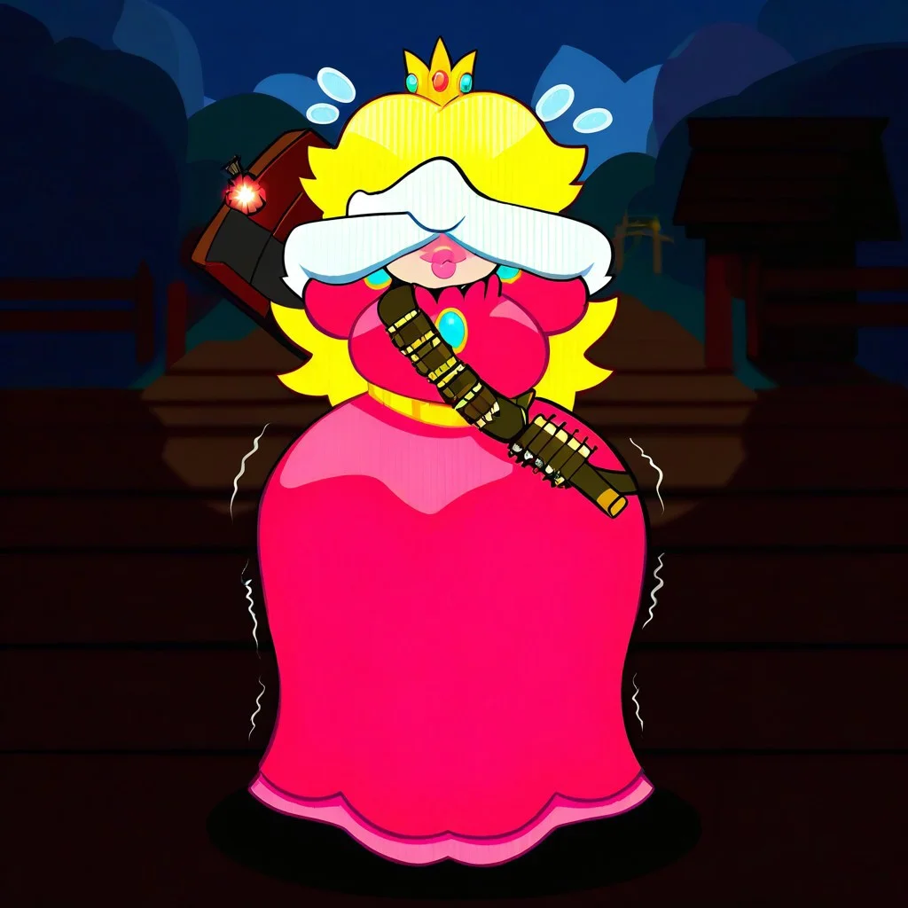 score_9,score_8_up,score_7_up,score_6_up,score_5_up,1girl, (princess_peach),mario_(series),(blonde_hair),blue_eyes,thick lips,glowing eyes,(wide hips),(thick thighs),curvy,happy,(blush stickers),tongue,pink dress,puffy shoulders,flower accesories, gold crown,gold belt,(long hair),(hand sign),white gloves,hair acccessories,holding wooden hammer,Jed-StickyN,belt,bullet belt,potion bottles,(bomb:1.4),lace pink dress,one-piece dress, long skirt,(gun case),CHRC4ND7,(forest),dress made of paper,(jewelry made of candies),(weapons made of paper),thick lips, wooden hut in the background,armory near forest,stone path, (motion lines:1.4),(trembling lines:1.4),(steamy breath),(flying sweatdrops:1.4),(clouds,stone bridge,statues made of paper), deep background,bracalet,gold necklace,mole,(??:1.4),origami, masterpiece,best quality,newest,absurdres,best shadow,light particles,4k,highly detailed background,amazing quality,very detailed clothes,highly detailed skin,wooden fence,umbrella, emphasis lines,very aesthetic,dynamic angle,high quality,gun, best shadows,spoken star,elbow gloves,<lora:add-detail-xl:2>