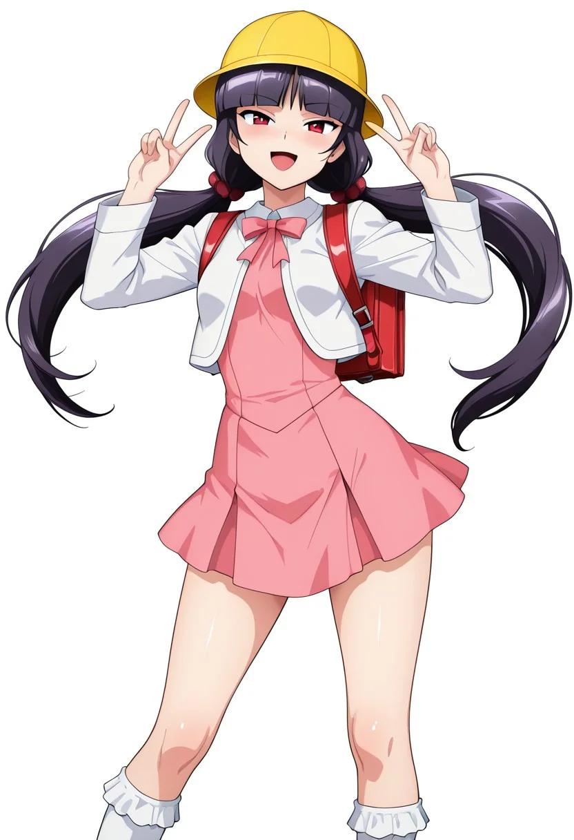 score_9,score_8_up,score_7_up,source_anime,5_figner,2d_animation,game cg,BREKE,1girl,solo,
zzSabrina, red eyes, long hair, blunt bangs, sabrina, purple hair, black hair,
frilled socks,white jacket,pink dress,yellow school hat,vinyl red school backpack,bobby socks,twin tails, ribbon,Double Peace Sign,blush,naughty face
smile,cowboyshot,openmouth,
small breasts,
simple background,white background,
masterpiece,best qualit,ultra-detailed,illustration,an extremely delicate and beautiful,beautiful detailed eyes,unity 8k wallpaper,high resolution,anime CG,official_art,Erotic_style, anime_coloring, anime_screencap,