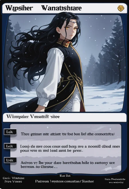 c4rd,english text,character name,
dark lighting, standing, from side, expressionless, looking at viewer, blizzard, snow, snowing, windy,
NSLimstellaFE7, black hair, long hair, yellow eyes, circlet, black coat, gold trim, collared shirt, long sleeves, white sleeves, red collar, white pants, cross-laced pants, thigh boots
,score_9,score_8_up,score_7_up, source_anime,
<lora:MTG_card_v2:1> <lora:NSLimstellaFE7:1>