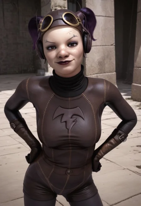 1girl, freckles, brown eyes, thin eyebrow tattoos, dark purple hair, dark lipstick, brown leather helmet, goggles on head, brown headphones, gloves, boots, turtleneck, black and brown bodysuit, realistic, score_8_up, score_7_up, BREAK, 1girl, solo, looking at viewer, cute, from above, hands on hips, head tilt, female focus, looking at viewer, detailed background, 4k, masterpiece, best quality, highly detailed, realistic, full shot