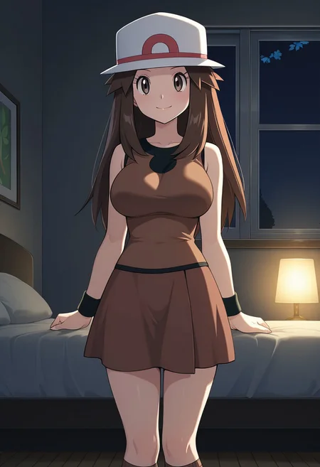 masterpiece, quality,worst, anime screencap,8k,4K, leaf (pokemon),1girl,solo,brown eyes, brown hair, long hair, long hair, hat, brown shirt, sleeveless, wristband, brown skirt, brown socks, brown footwear,large breasts,smile, closed mouth,Interior, room, bed, dark room, window, night light,cowboy shot,lower body,
