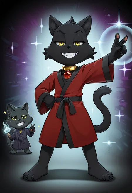 score_9, score_8_up, score_7_up, score_6_up, furry male, solo male, salems, cat, bipedal, cat tail, black body, black fur, cheek tuft, gold eyes, bathrobe, velvet robe with fur lining, (dark red robe with black accents:1.1), chest tuft, gold collar, red gem, half-closed eyes, grin, fangs, black nose, 4 fingers, standing, barefoot, pawpads, detailed face, raised arm, gesture, cocked hip, standing, hand on hip, petite, chibi,
masterpiece, extreme detail, intricate detail, detailed fur, best quality, looking at viewer, detailed shading, perfect lighting, shadow, magic, sparkle,
psychedelic background, cgi, IllustriousQual