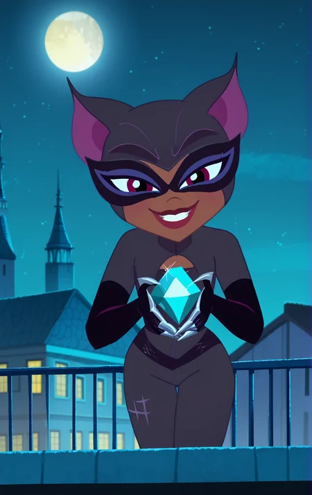 ((score_9)), score_8_up, ((high quality)), ((masterpiece)) BREAK
DCSG Style, SelinaK, Catwoman, looking at viewer, smiling, good anatomy, five fingered hands, rooftop, night, moon, holding diamond<lora:DC_Superhero_Girls_2019:0.8>,<lora:pony_good_hands:0.8>