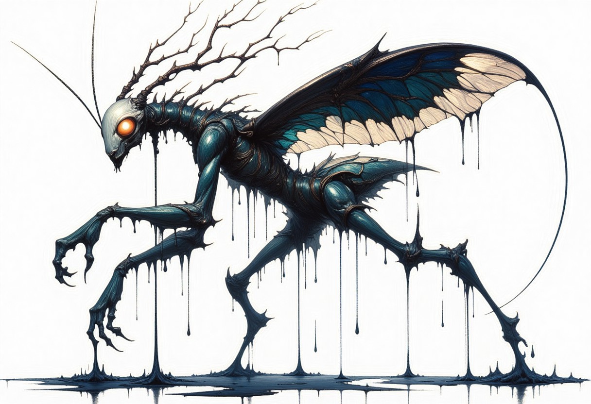 side view of a white mantis insectoid entity dripping black oil standing in fight pose on white background, obsidian smooth mask, wings like stained glass, limbs twisted like vines, with a chitinous and liquid texture, dynamic pose — dripping, high contrast, nightmare beauty, OBxiaoxiang, R3alisticF, G0thicL1nes