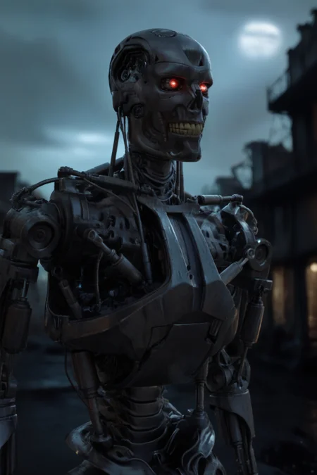 T800_Endo, Terminator robot, score_9, score_8_up, score_7_up, (source_IRL, source_movie), cinematic, realistic, masterpiece, high quality, highres RAW photo, ((upper body shot))
a T800_Endo Terminator Robot with red eyes, he is made of metal, <lora:T800_Endo_Terminator_Pony_v1-000019:1>
(standing)
in a destroyed apocalyptic city, dark cloudy skies, Apocalyptic Landscape, destroyed city
dynamic lighting, highly detailed, intricate details, shadows, dark, at night