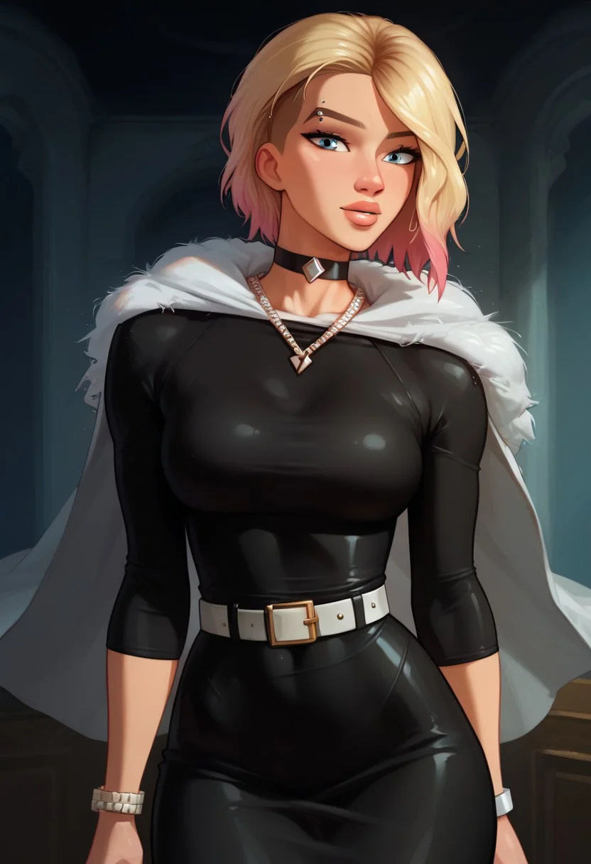 score_9, score_8_up, score_7_up, GwenstacySDXL,, gwen stacy, short hair, blue eyes, blonde hair and pink hair, bicoloured hair
, piercing, asymmetrical hair, eyebrow piercing, blue eyes, 1girl, pale skin, light-skinned female, medium breasts, (tight dress:1.2), covered naval, covered neck, (covered shoulders:1.2), covered legs, covered breasts, luxury product style, girl, bracelet, jewelry, choker, bracelet, bow, necklace, elegant, sophisticated, luxurious palace, professional, highly detailed, (cowboy shot:1.2), (black dress:1.1), cloak, belt, coat), sfw:1.1, <lora:Balenciaga Dress -BruceTaVN:0.8>