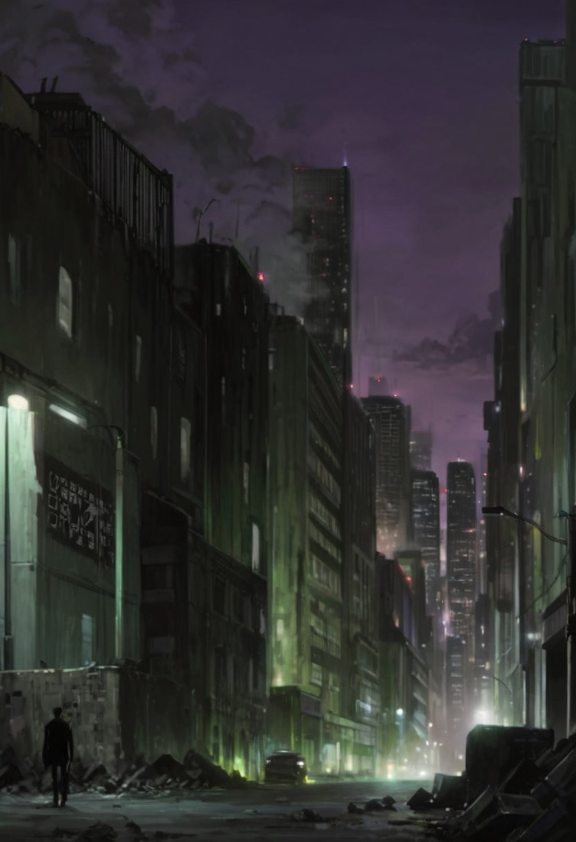 D4RK3RTH4NBL4CK, source_anime, source_hentai, source_anime, cityscape, score_9, score_8_up, score_7_up, score_6_up, urban, night, purple sky, cloudy, noir, concrete, wall, technology, sci-fi, darker_than_black, anime