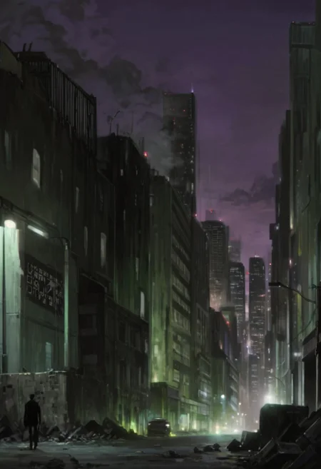 D4RK3RTH4NBL4CK, source_anime, source_hentai, source_anime, cityscape, score_9, score_8_up, score_7_up, score_6_up, urban, night, purple sky, cloudy, noir, concrete, wall, technology, sci-fi, darker_than_black, anime