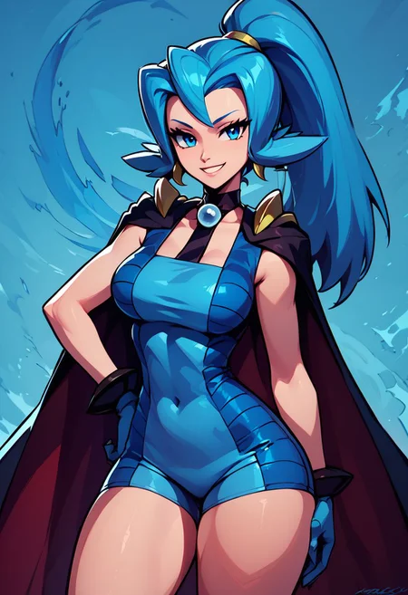 score_9, score_8_up, score_8, big breasts, (curvy), cute, eyelashes,
BREAK,
zzClair, solo, 1girl, long hair, blue hair, blue eyes, ponytail, blue bodysuit, black cape, blue gloves,
cowboy shot, smile, smug, hand on hip, wide hips,
BREAK,
zPDXL, Expressiveh
abstract background, blue theme, dragon scales,