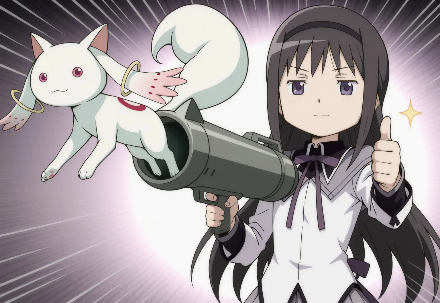 1girl, homura akemi, akemi homura, long hair, black hair, very long hair, purple eyes, hairband, black hairband, skirt, long sleeves, ribbon, neck ribbon, magical girl, black hairband, white shirt, grey sailor collar, upper body, (v-shaped eyebrows:0.7), light smile, (thumbs up:1.1), looking at viewer, cat launcher gun, holding weapon, Kyubey, emphasis lines, anime screencap, masterpiece, best quality, amazing quality,